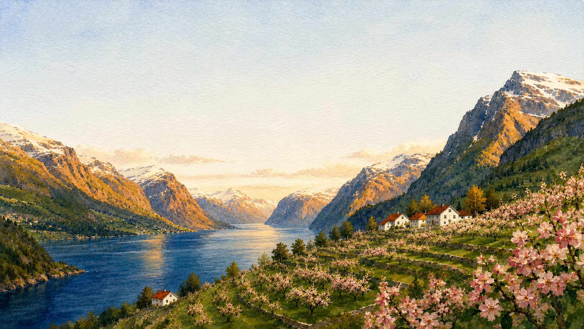 Watercolor illustration of the Hardanger fjord — blossoming orchards along deep blue water beneath a clear sky.