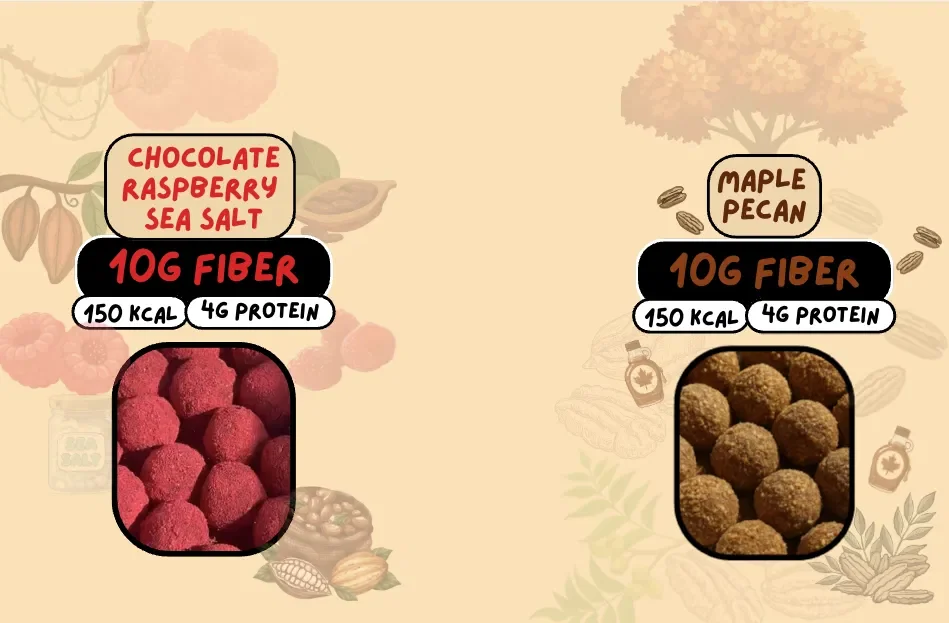 Two Zuca flavors — Chocolate Raspberry Sea Salt and Maple Pecan — each with 10g fiber, 150 calories, and 4g protein per serving.